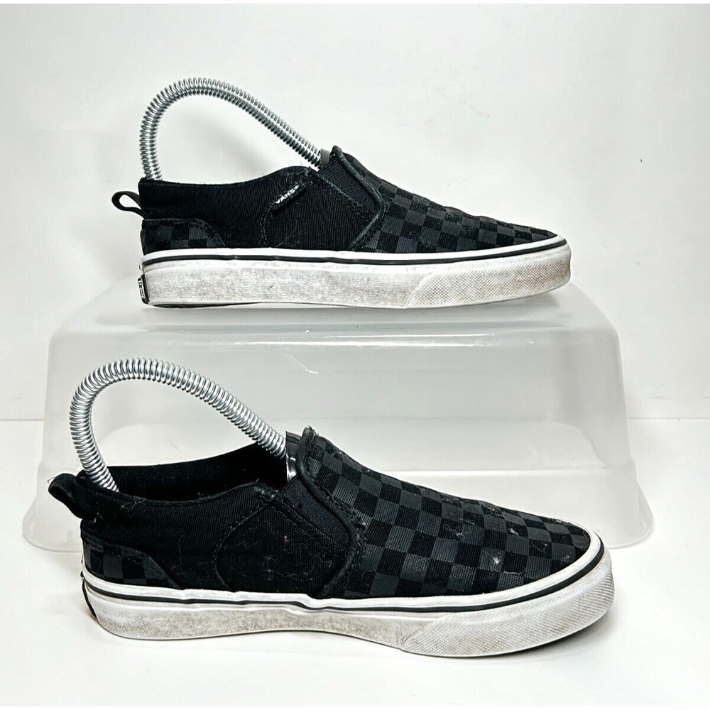 Vans Off The Wall Kids Youth Size 3 Checkerboard Slip On Black Sneakers Shoes - Picture 2 of 6